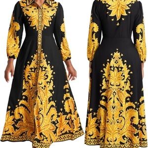 NEW Size M Elegant Baroque Black and Gold Turndown Collar Dress Long Sleeve